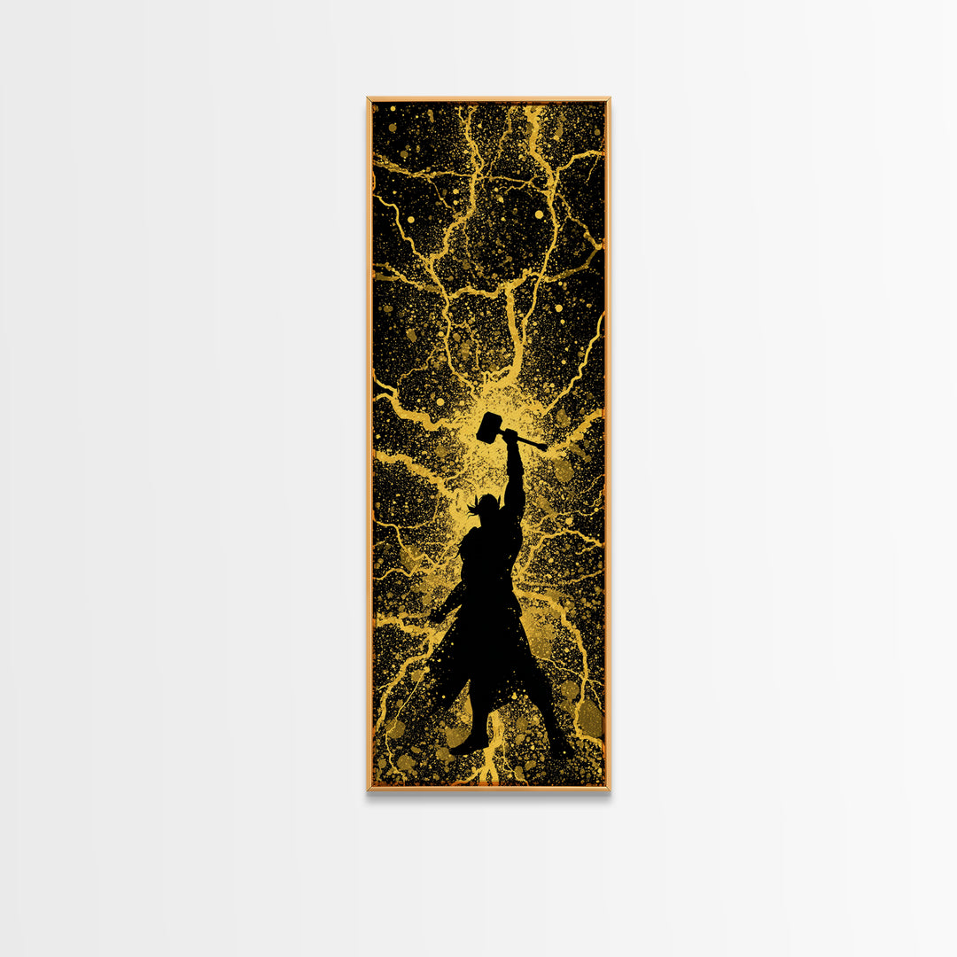 Thor Canvas Gold Art, Viking Canvas Art Norse God of Thunder Wall Decor, Nordic Mythology Office or Man Cave Art in Real Wood Frame