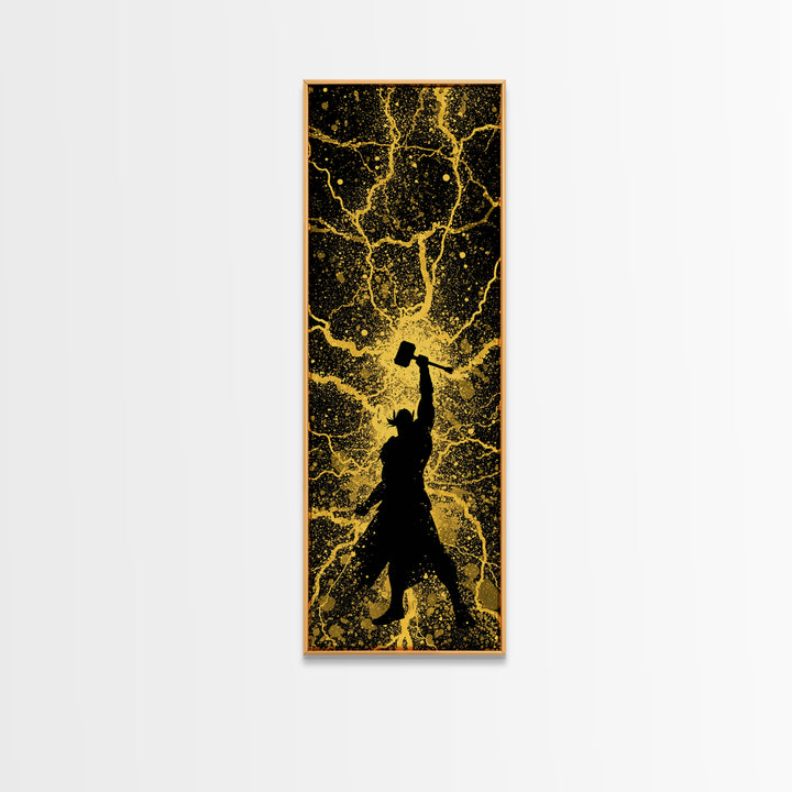 Thor Canvas Gold Art, Viking Canvas Art Norse God of Thunder Wall Decor, Nordic Mythology Office or Man Cave Art in Real Wood Frame