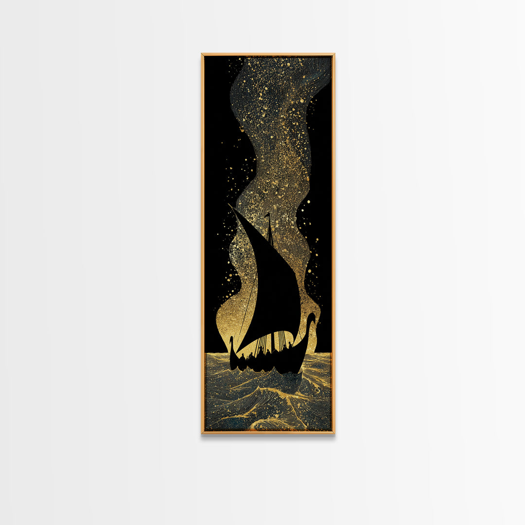 Nordic Viking Ship Canvas Gold Art, Mythology Inspired Canvas Art for Office or Man Cave, framed in authentic wood craftsmanship