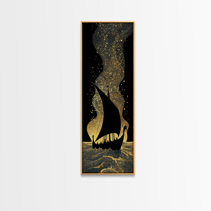 Nordic Viking Ship Canvas Gold Art, Mythology Inspired Canvas Art for Office or Man Cave, framed in authentic wood craftsmanship
