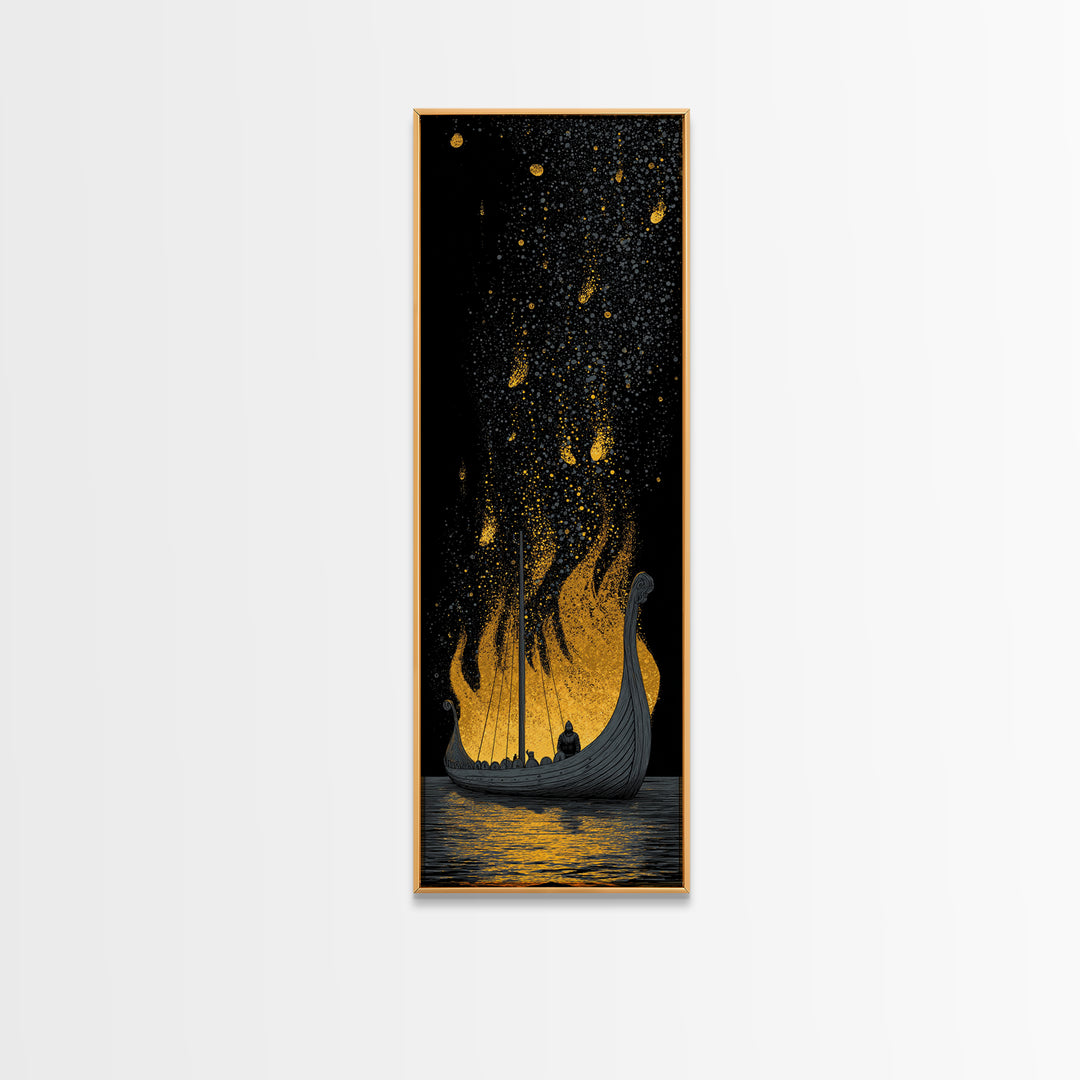 Viking Funeral Ship Canvas Gold Art, Norse Mythology Canvas Art framed with real wood, Nordic man cave wall art gift idea