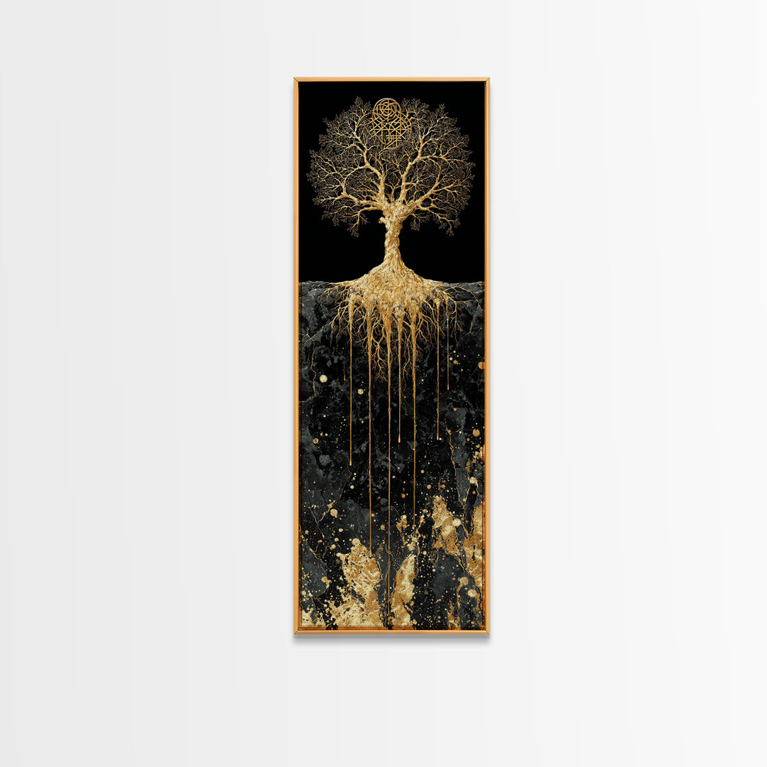 Canvas Art Yggdrasil Nordic Tree of Life, Canvas Gold Art framed with real wood, Norse Mythology inspired office or dad gift wall art