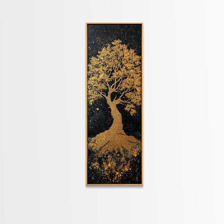 Yggdrasil Canvas Gold Art Norse World Tree, Nordic Mythology Canvas Art framed in natural wood, perfect Viking man cave wall decor
