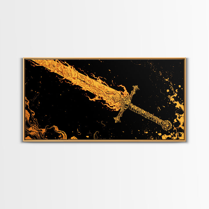 Surtur’s Flaming Sword Canvas Gold Art Canvas Art Viking Wall Decor, Norse Mythology Office Gift with Real Wood Frame