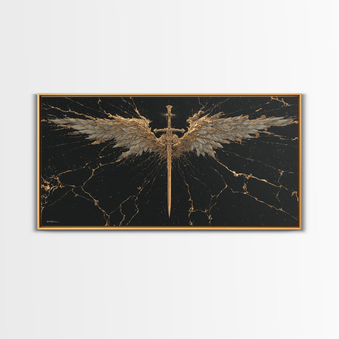 Winged Sword Canvas Gold Art Canvas Art Norse Mythology Wall Art Framed in Real Wood, Viking Office Decor or Dad Gift