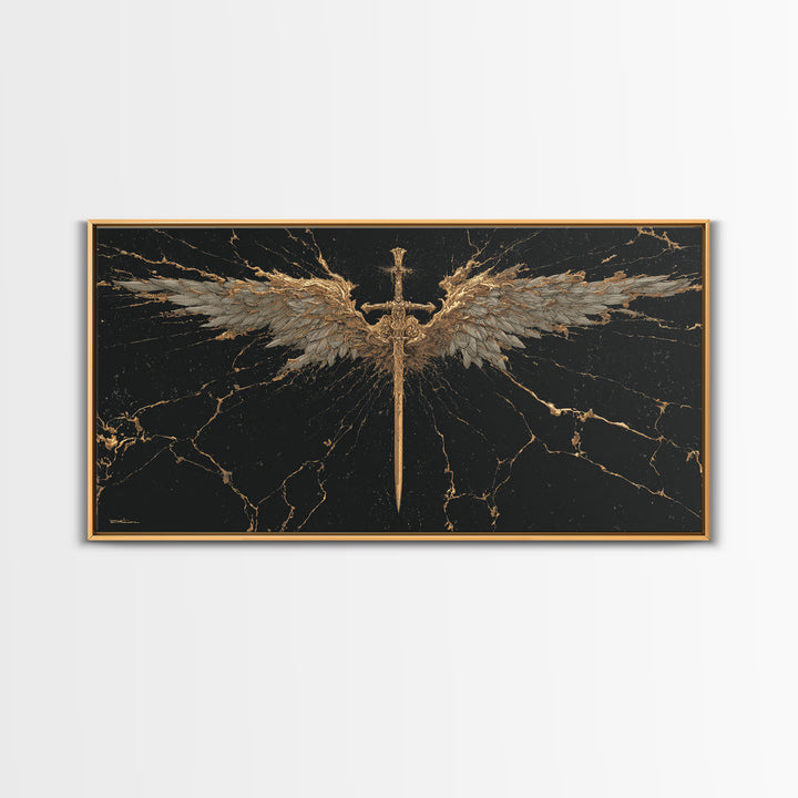 Winged Sword Canvas Gold Art Canvas Art Norse Mythology Wall Art Framed in Real Wood, Viking Office Decor or Dad Gift