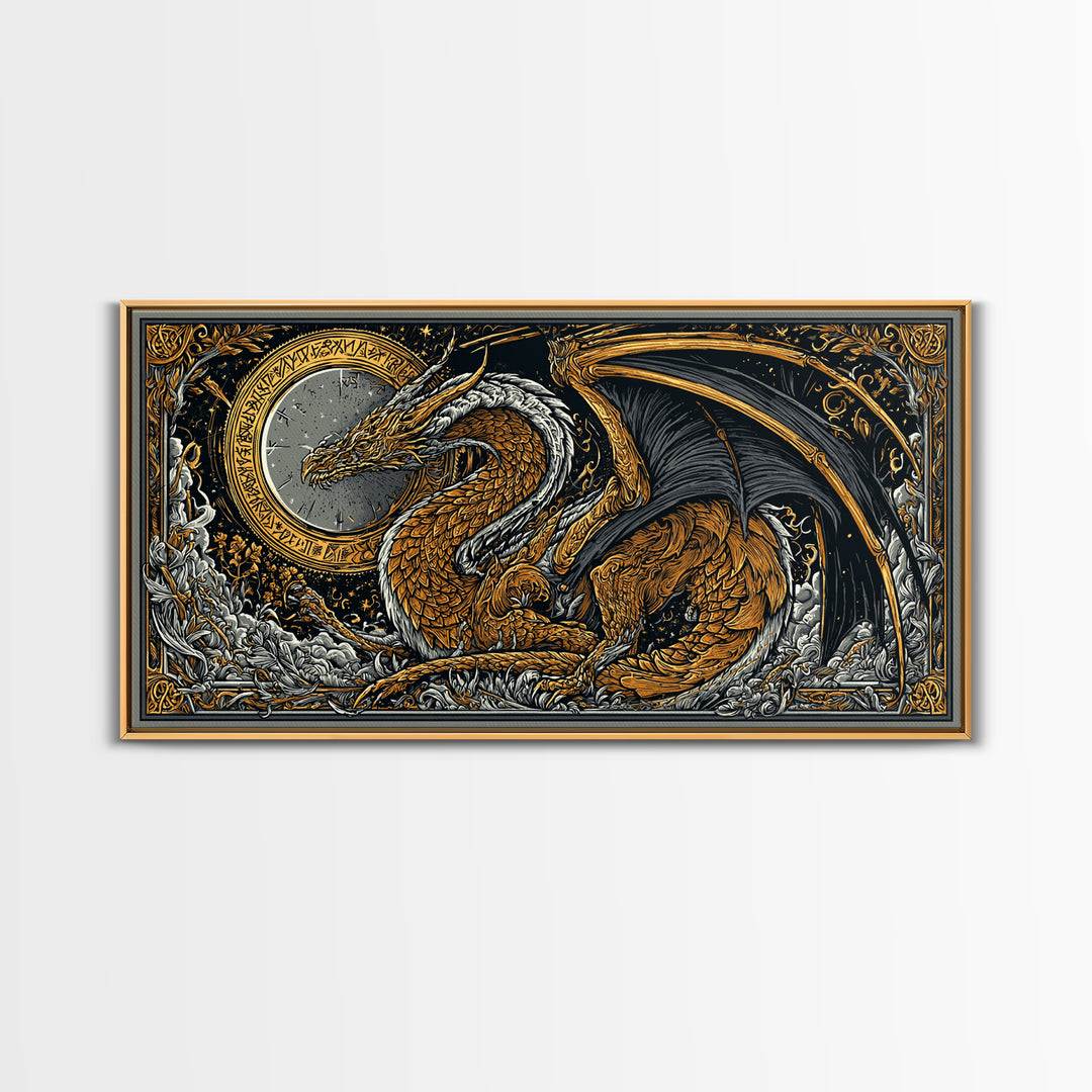 Nidhogg Dragon Canvas Gold Art Canvas Art Norse Mythology Wall Decor with Real Wood Frame, Viking Man Cave or Office Gift