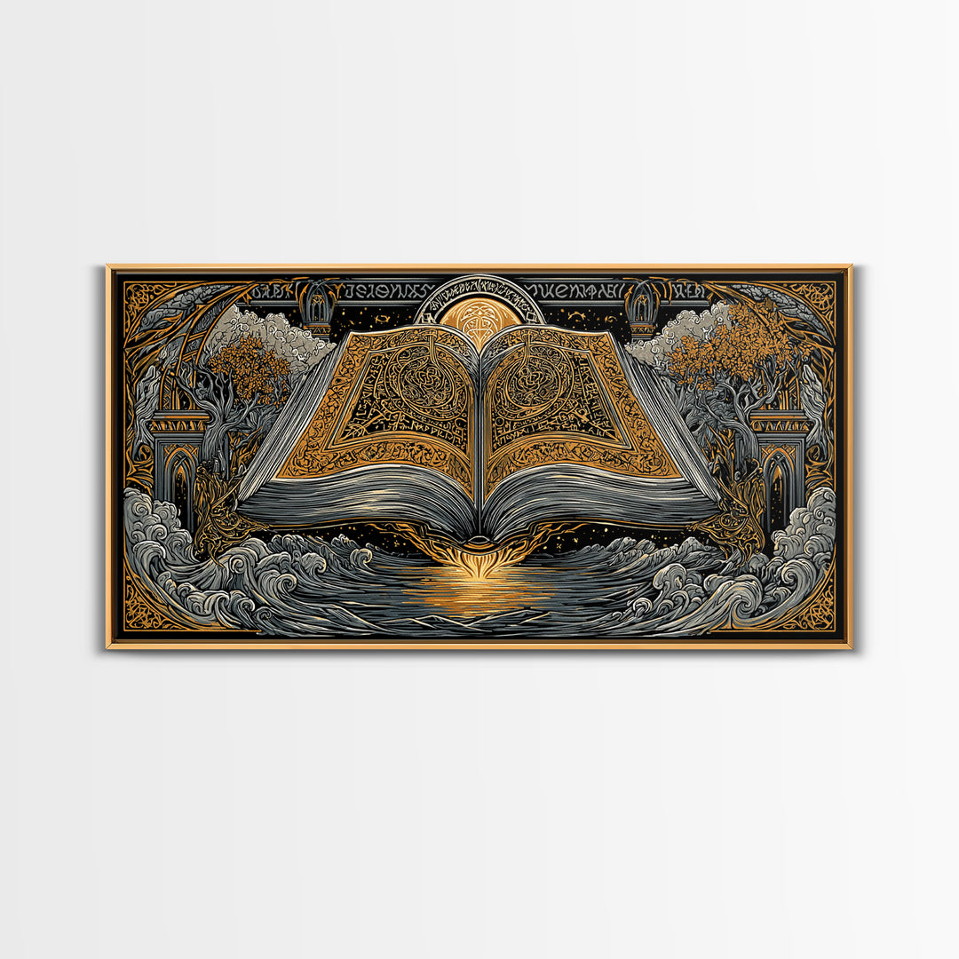 Poetic Edda Book Canvas Gold Art Canvas Art Norse Mythology Wall Decor with Real Wood Frame, Viking Office or Dad Gift Artwork