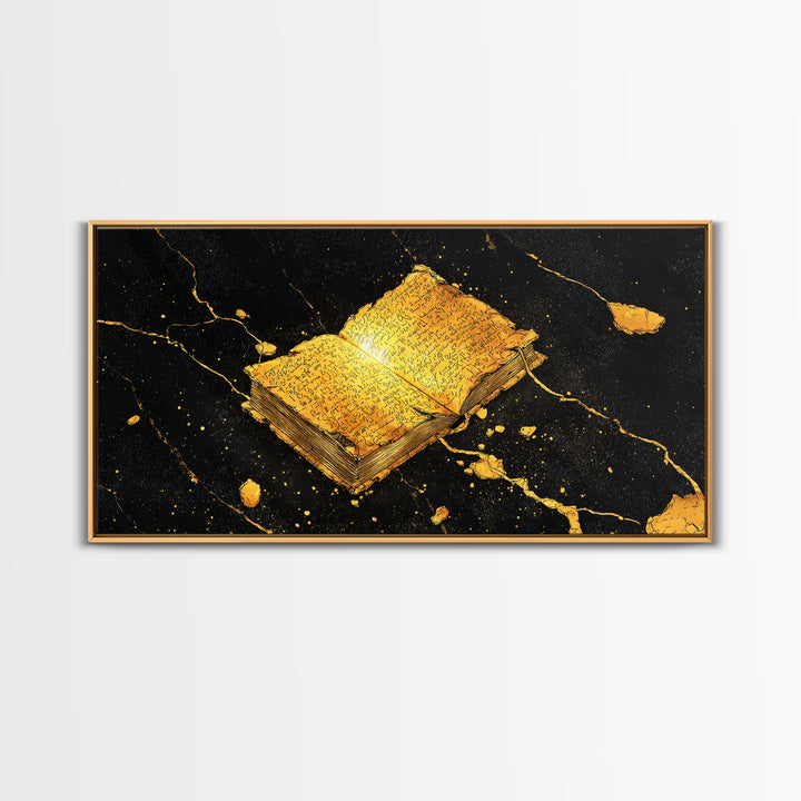 Ancient Nordic Runes Book Canvas Gold Art Canvas Art with Cosmic Background, Viking Mythology Wall Decor, Real Wood Frame