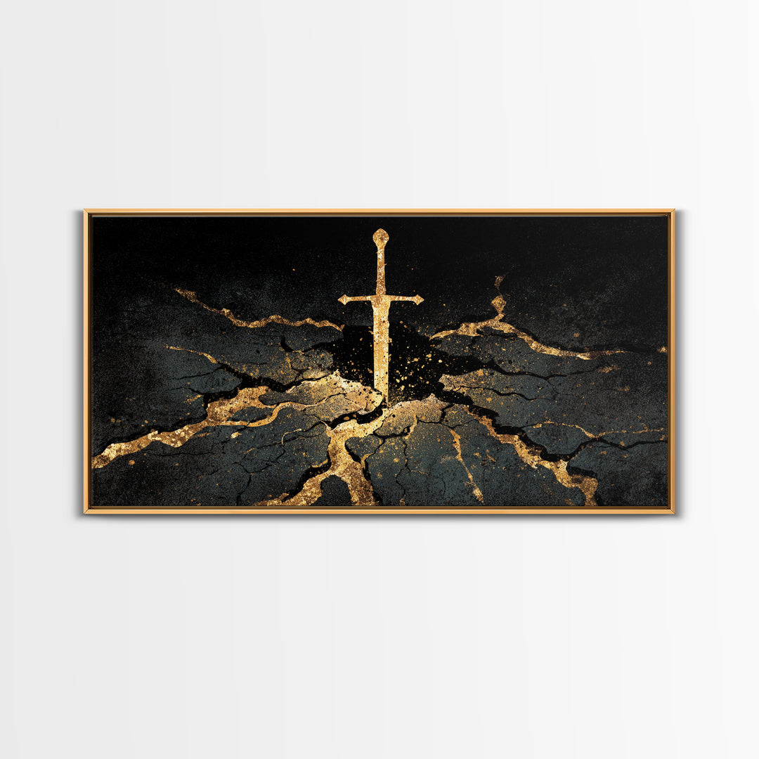 Sword of Ragnarok Canvas Gold Art, Nordic Mythology Canvas Art Wall Decor, Viking Office Art framed in natural wood for men’s spaces