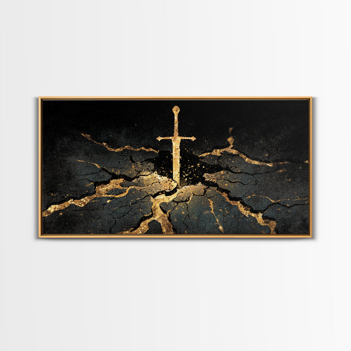 Sword of Ragnarok Canvas Gold Art, Nordic Mythology Canvas Art Wall Decor, Viking Office Art framed in natural wood for men’s spaces