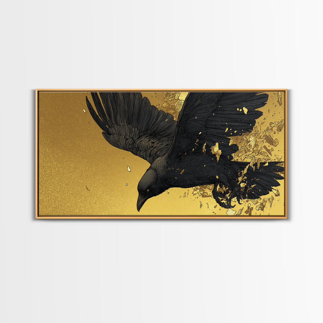 Odin’s Raven Huginn Canvas Gold Art Canvas Art Norse Mythology Wall Decor with Natural Wood Frame, Man Cave or Office Gift