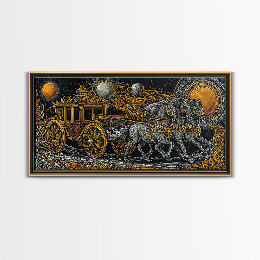 Chariot of Sol Norse Canvas Gold Art, Nordic Mythology Canvas Art Wall Hanging, Viking Decor for Office or Dad Gift, framed in wood