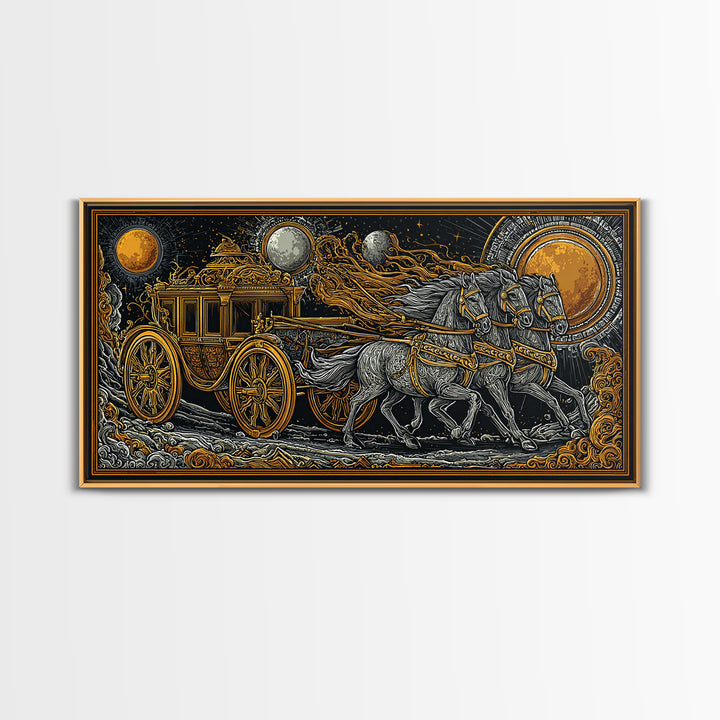 Chariot of Sol Norse Canvas Gold Art, Nordic Mythology Canvas Art Wall Hanging, Viking Decor for Office or Dad Gift, framed in wood