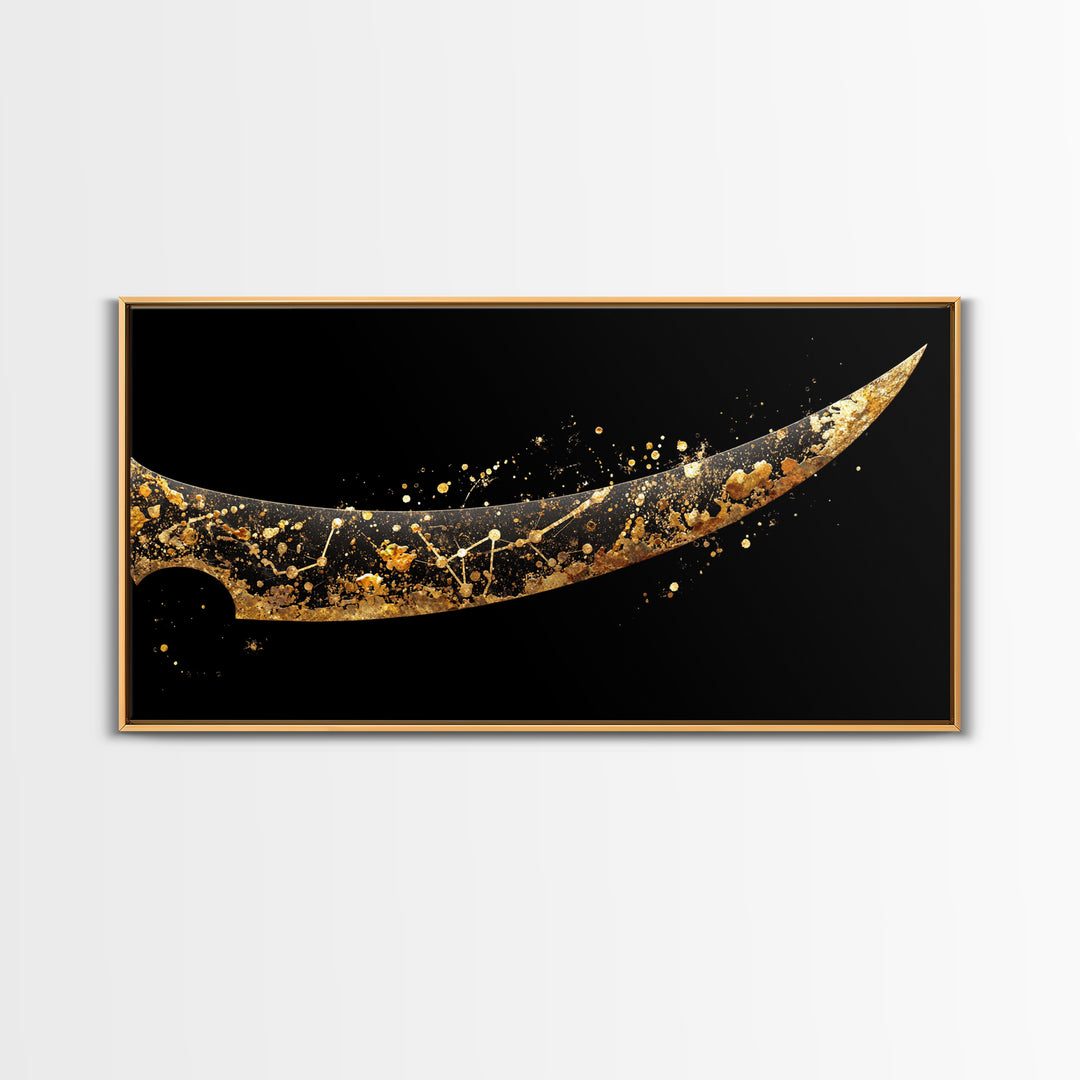 Curved Viking Blade Canvas Gold Art, Nordic Mythology Canvas Art Sword Print, Man Cave Wall Decor with real wood frame, warrior gift