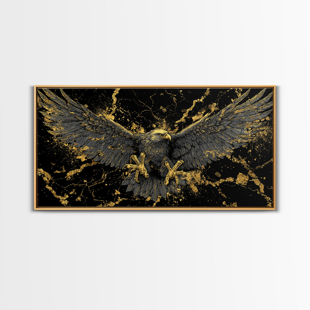 Odin’s Golden Eagle Canvas Gold Art, Norse Mythology Canvas Art Wall Decor, Viking Office Art framed in wood, bold masculine design