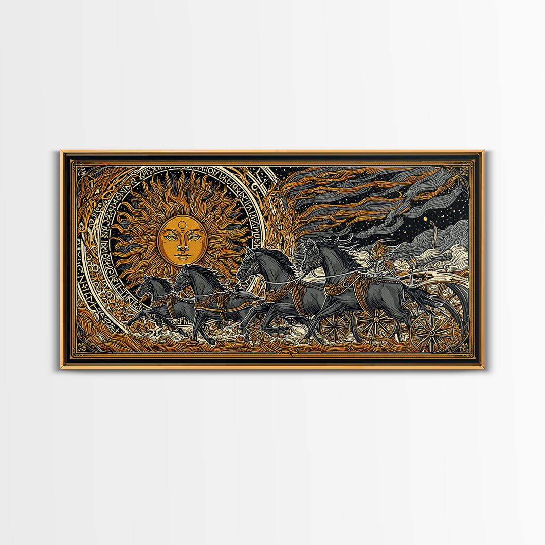 Sun Chariot of Sol Canvas Gold Art, Norse Mythology Canvas Art Wall Hanging, Viking Decor for Dad Gift, framed in authentic wood