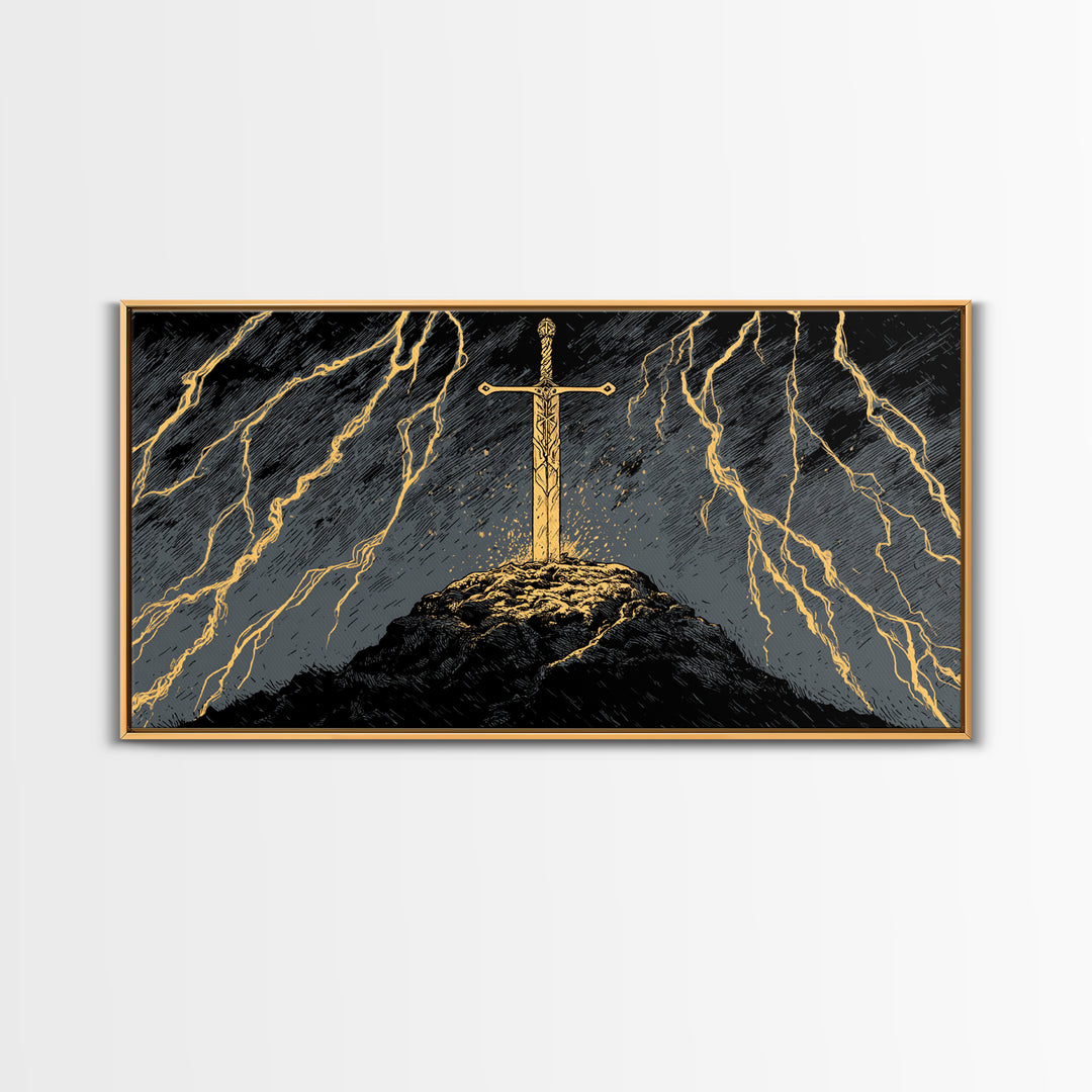 Storm Sword Canvas Gold Art, Nordic Mythology Canvas Art Print, Viking Office Wall Art framed in real wood, masculine gift idea