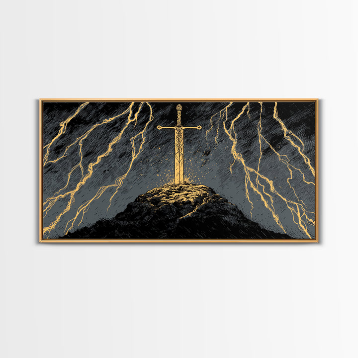 Storm Sword Canvas Gold Art, Nordic Mythology Canvas Art Print, Viking Office Wall Art framed in real wood, masculine gift idea