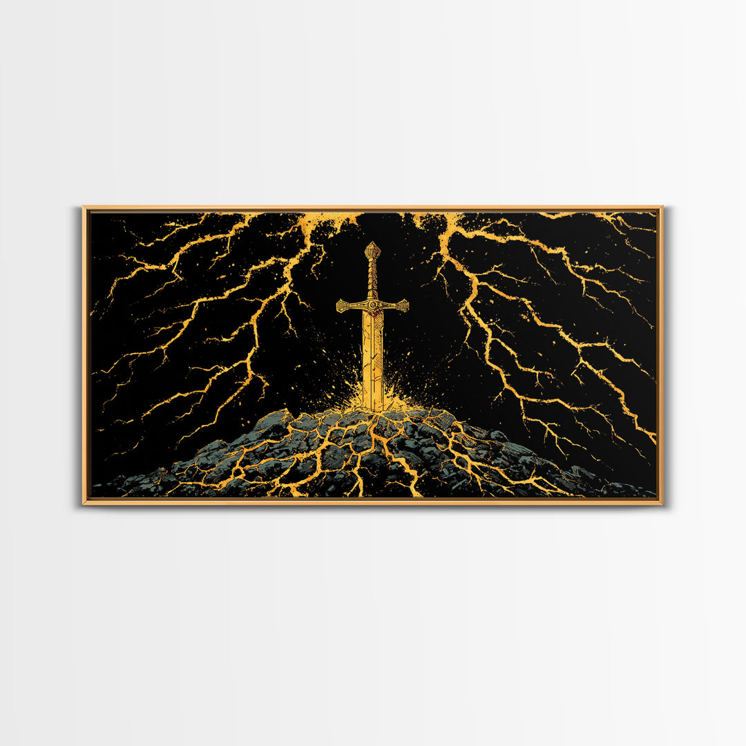 Lightning Sword Canvas Gold Art, Norse Mythology Canvas Art Wall Decor, Viking Warrior Office Art with natural wood frame, dad gift