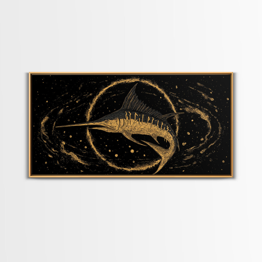 Swordfish Canvas Gold Art Nordic Mythology Inspired Canvas Art for Man Cave Wall Decor, Office Art Framed in Natural Wood