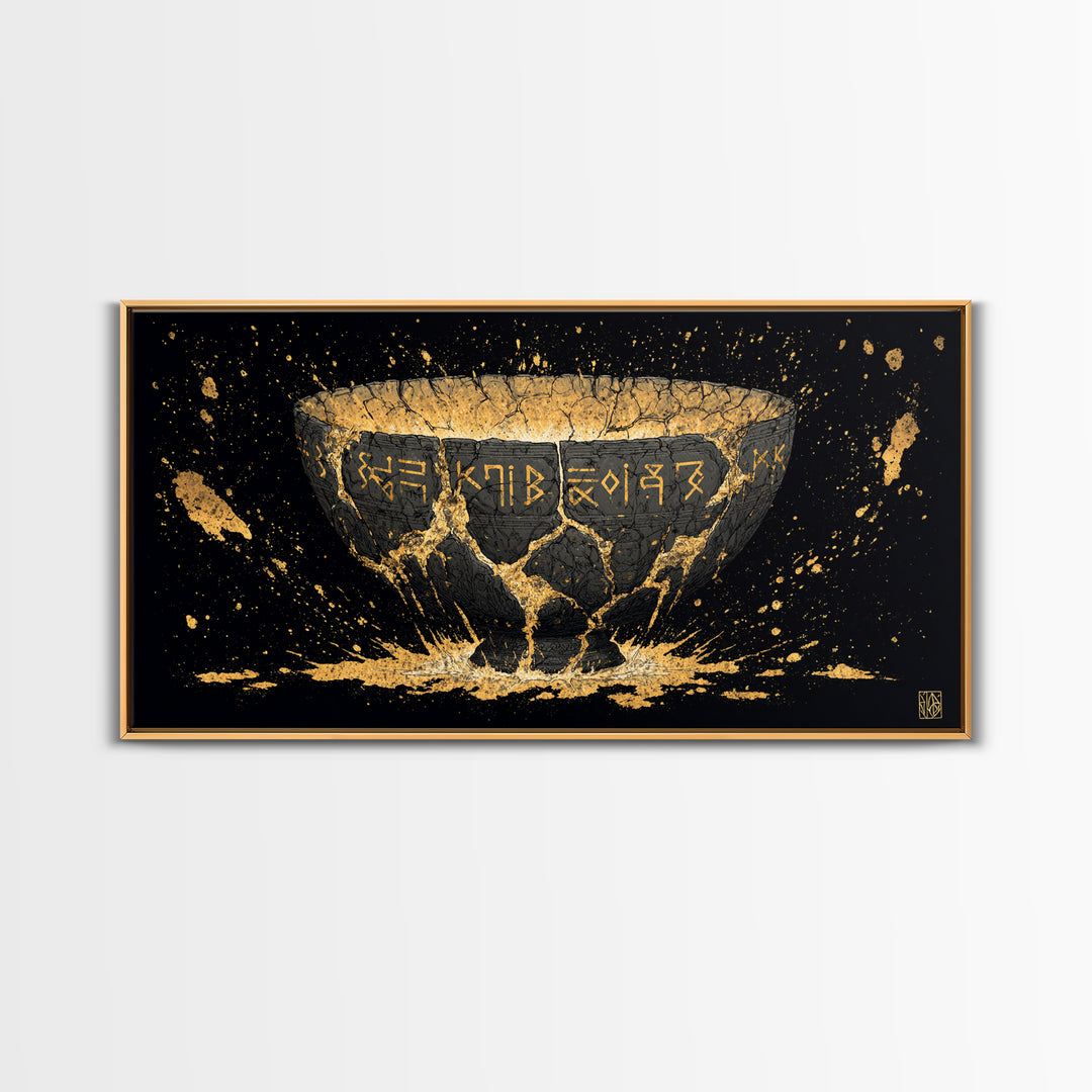 Viking Rune Bowl Canvas Gold Art, Nordic Mythology Canvas Art with Real Wood Frame, Unique Office Wall Decor, Man Cave Gift