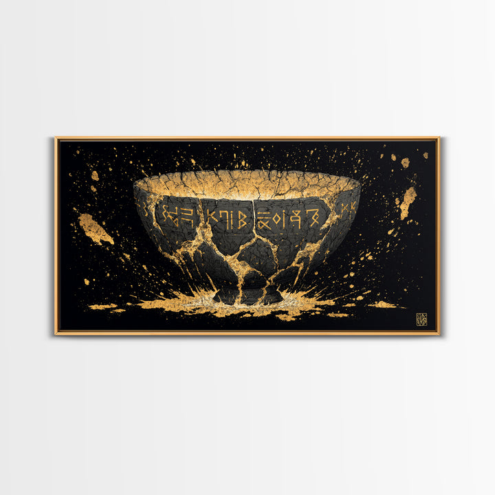 Viking Rune Bowl Canvas Gold Art, Nordic Mythology Canvas Art with Real Wood Frame, Unique Office Wall Decor, Man Cave Gift