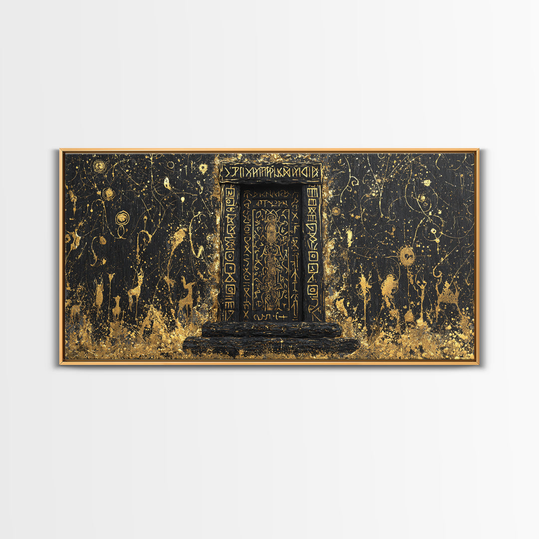 Runestone Doorway Canvas Gold Art, Nordic Mythology Inspired Canvas Art, Pagan Viking Office Decor Framed in Real Wood