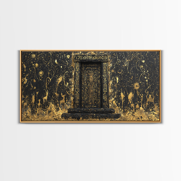 Runestone Doorway Canvas Gold Art, Nordic Mythology Inspired Canvas Art, Pagan Viking Office Decor Framed in Real Wood