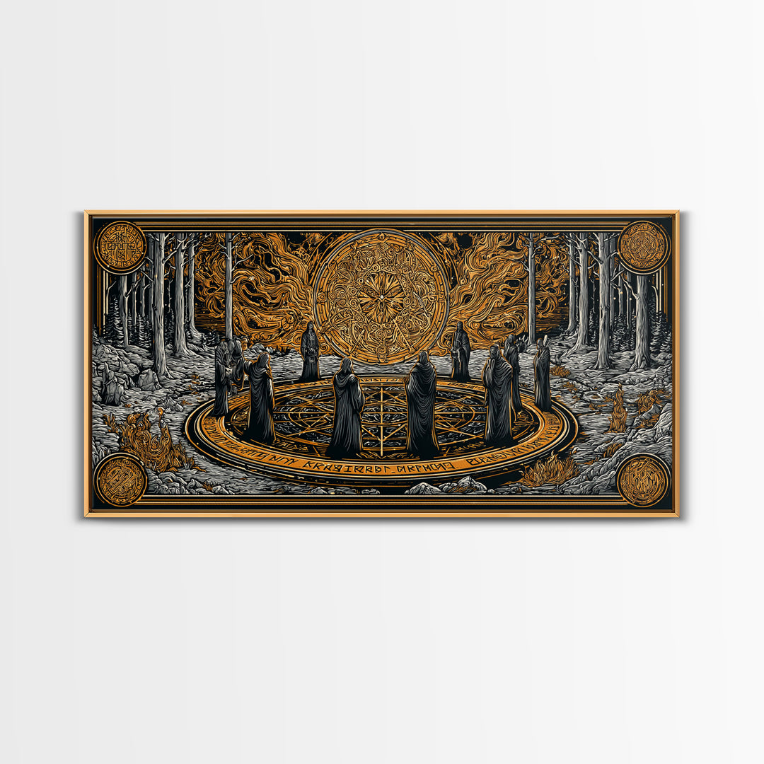 Nordic Ritual Circle Canvas Gold Art, Mythology Inspired Canvas Art, Mystical Office Wall Decor with Real Wood Framing