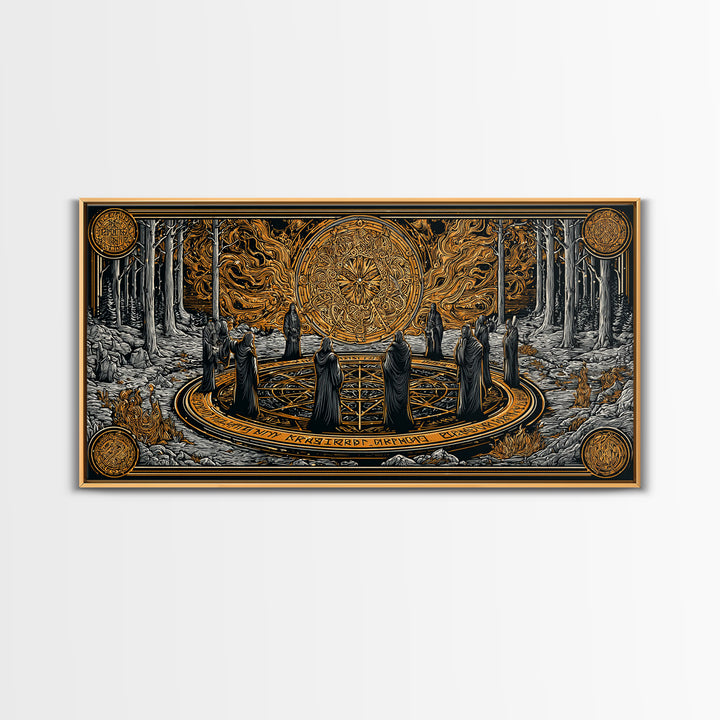 Nordic Ritual Circle Canvas Gold Art, Mythology Inspired Canvas Art, Mystical Office Wall Decor with Real Wood Framing
