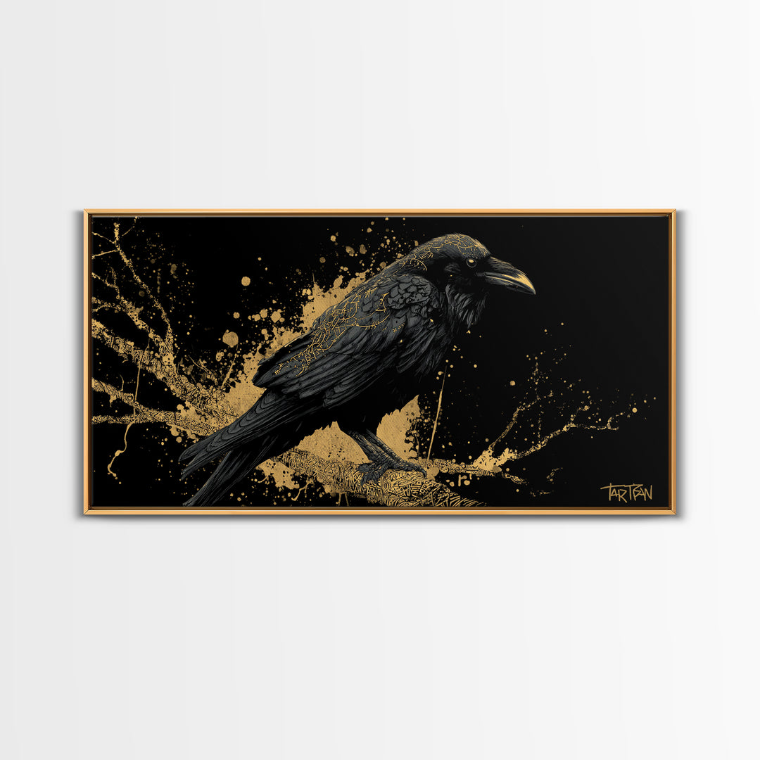 Viking Raven Canvas Gold Art Canvas Art Norse Wall Decor with Real Wood Frame, Nordic Mythology Office or Dad Gift Artwork