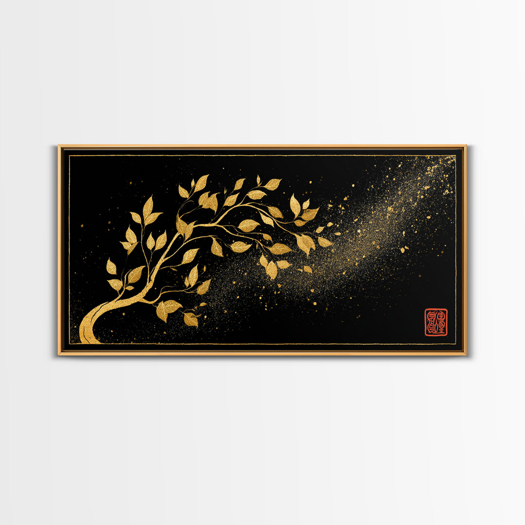 Yggdrasil Tree Canvas Gold Art, Nordic Mythology Inspired Canvas Art with Natural Wood Frame, Pagan Office Decor, Man Gift