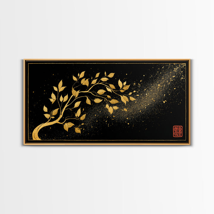 Yggdrasil Tree Canvas Gold Art, Nordic Mythology Inspired Canvas Art with Natural Wood Frame, Pagan Office Decor, Man Gift