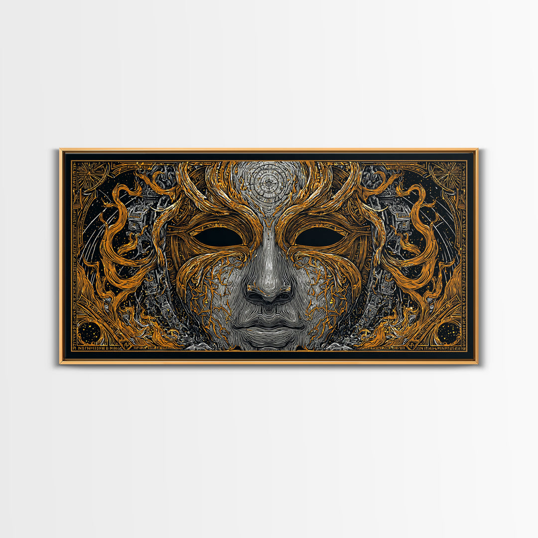 Odin’s Face Canvas Gold Art, Norse Mythology Inspired Canvas Art, Nordic Office Decor Framed in Natural Wood for Man Cave