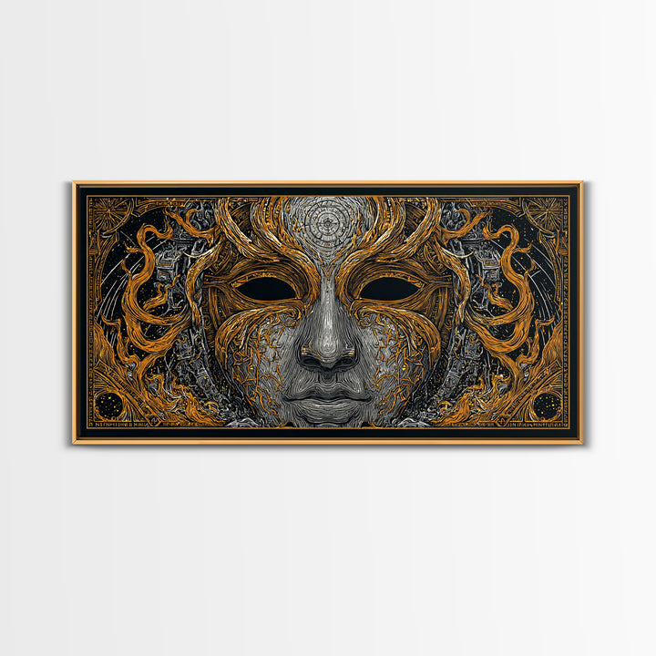 Odin’s Face Canvas Gold Art, Norse Mythology Inspired Canvas Art, Nordic Office Decor Framed in Natural Wood for Man Cave