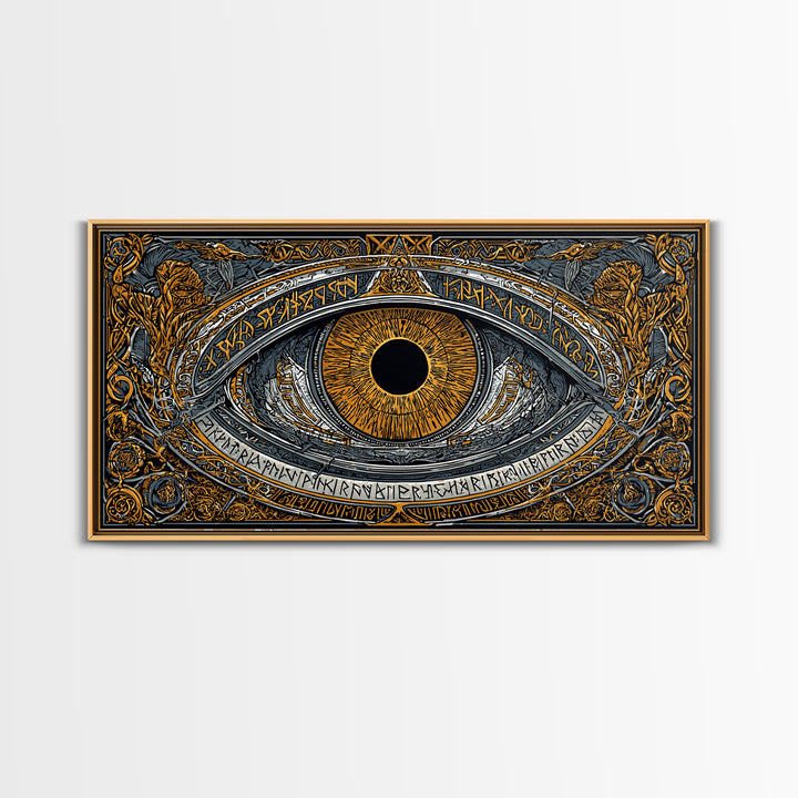 Odin’s Eye Canvas Gold Art Nordic Canvas Art Norse Mythology Wall Decor framed in natural wood, Man Cave Gift, Office Art