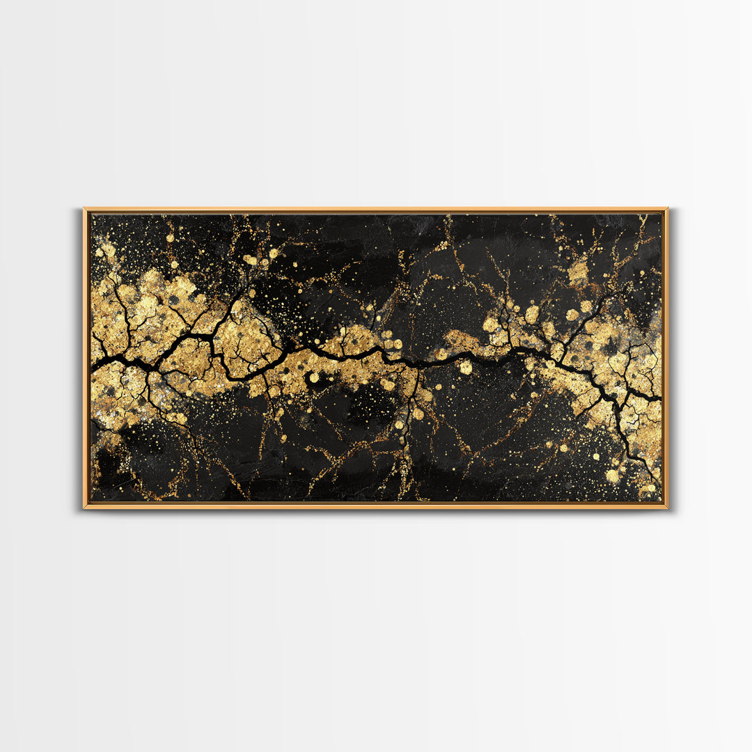 Cracked Stone Canvas Gold Art Nordic Canvas Art Norse Abstract Wall Decor in real wood frame, Man Cave Gift, Office Accent