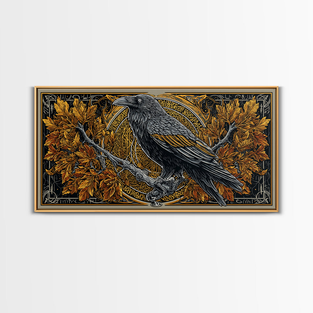 Norse Raven Perched Canvas Gold Art Canvas Art with Runes and Autumn Leaves, Framed in Real Wood, Viking Office or Man Cave