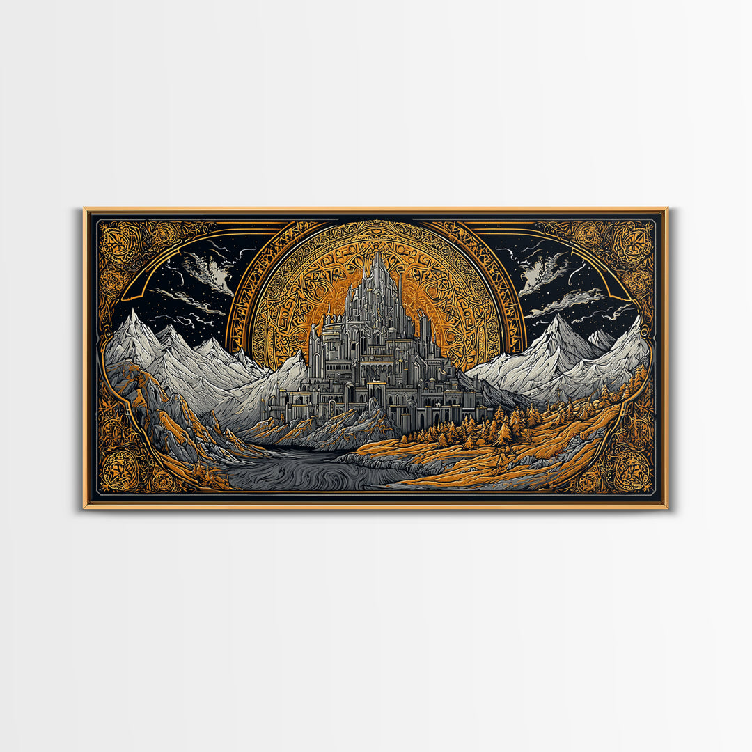 Asgard Fortress Canvas Gold Art Norse Mythology Canvas Art Nordic Wall Hanging framed in natural wood, Viking Decor Office