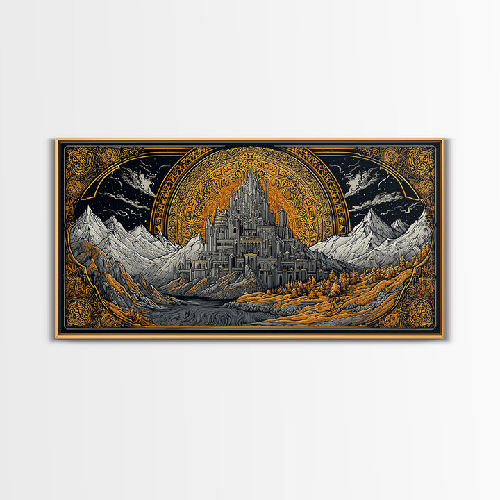 Asgard Fortress Canvas Gold Art Norse Mythology Canvas Art Nordic Wall Hanging framed in natural wood, Viking Decor Office