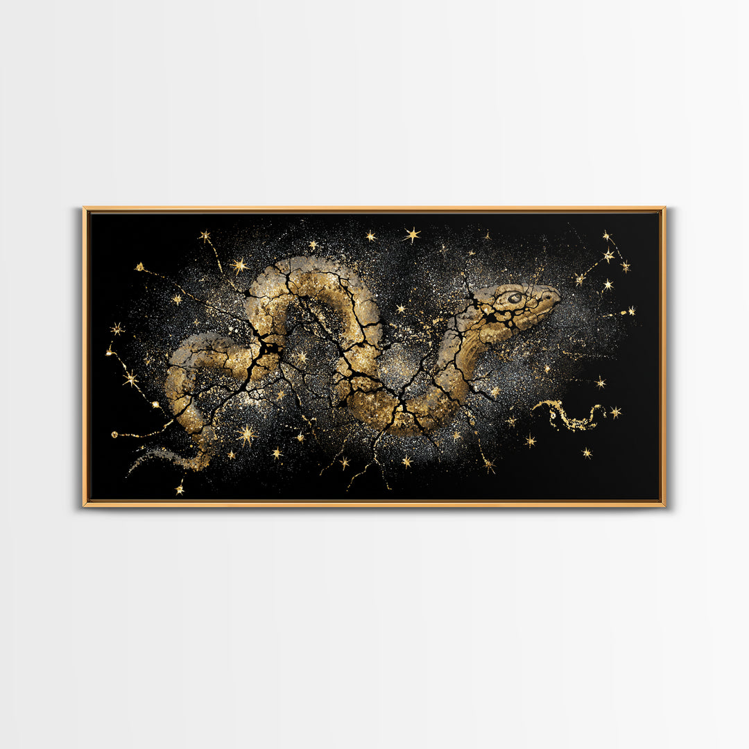Jormungandr Serpent Canvas Gold Art Norse Mythology Canvas Art Wall Decor framed in real wood, Man Cave Viking Gift for Him