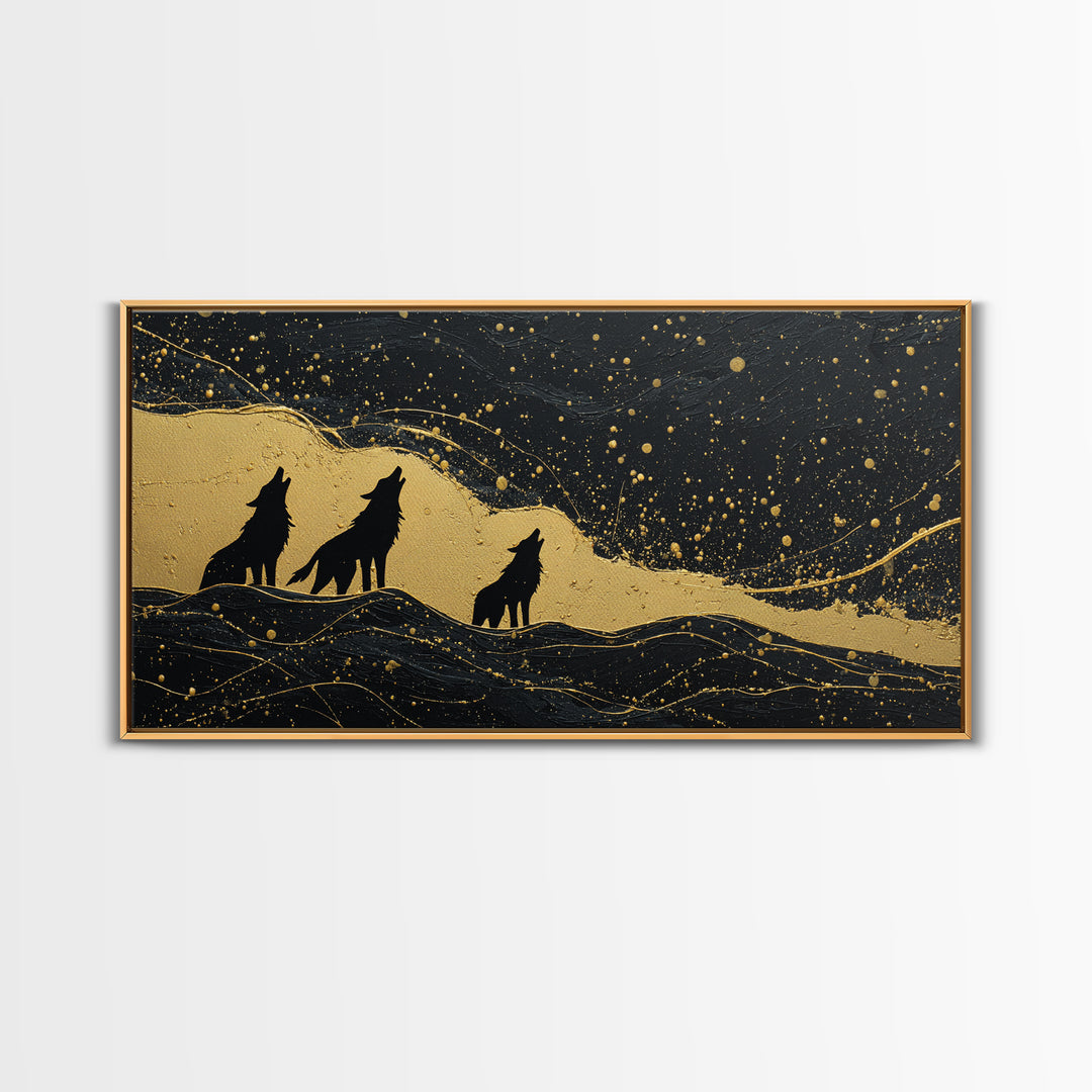 Howling Wolves Canvas Gold Art Norse Canvas Art Nordic Mythology Wall Decor with real wood frame, Man Cave Accent, Office Art