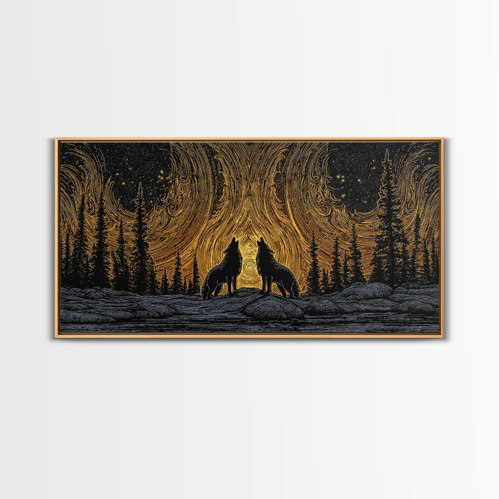 Fenrir Wolves Canvas Gold Art Norse Mythology Canvas Art Nordic Wall Hanging framed in wood, Dad Gift, Viking Decor for Office