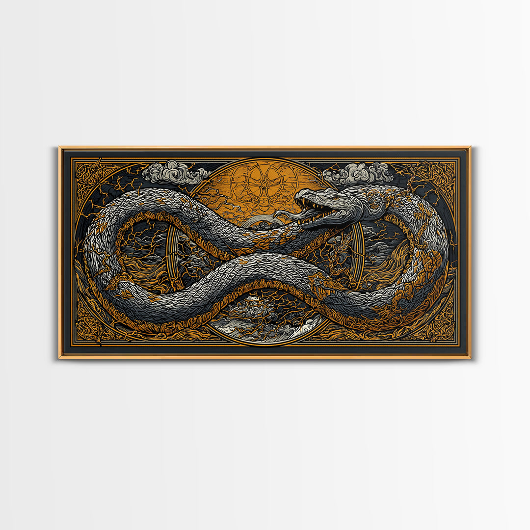 Midgard Serpent Canvas Gold Art Norse Mythology Canvas Art Nordic Wall Hanging framed in natural wood, Office Accent, Dad Gift