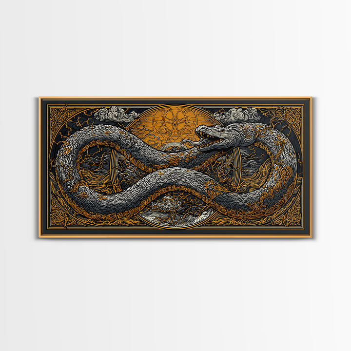 Midgard Serpent Canvas Gold Art Norse Mythology Canvas Art Nordic Wall Hanging framed in natural wood, Office Accent, Dad Gift