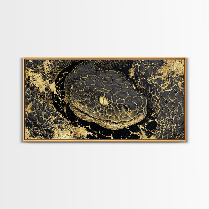 Viking Serpent Jormungandr Canvas Gold Art Canvas Art Norse Mythology Wall Decor for Man Cave or Office framed in natural wood