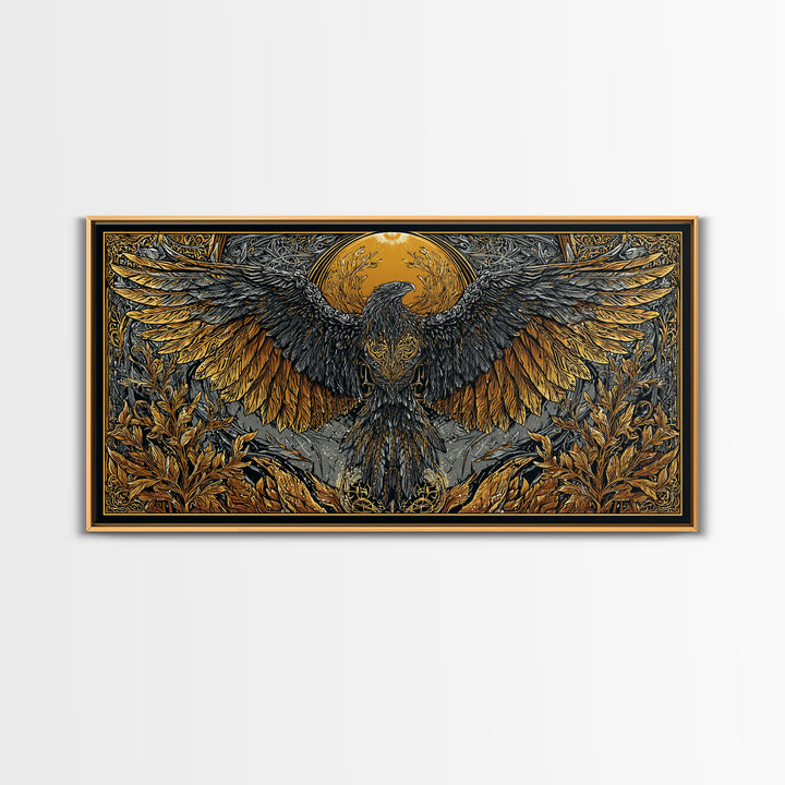 Valkyrie Eagle Canvas Gold Art Canvas Art Norse Wall Hanging with Spreading Wings, Natural Wood Frame, Nordic Mythology Gift