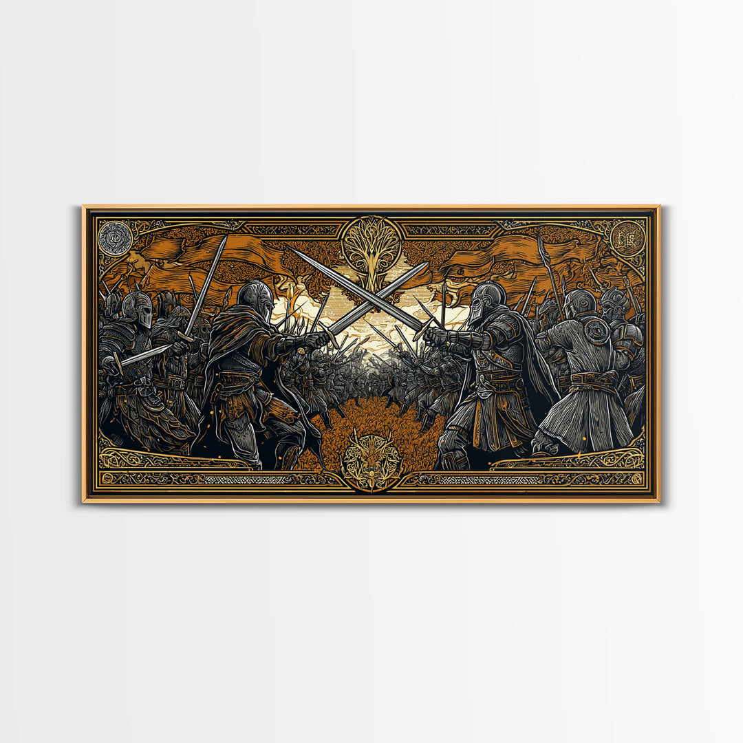 Viking Battle Canvas Gold Art Canvas Art Norse Warriors Mythology Wall Decor Office Art Man Cave Gift framed in natural wood