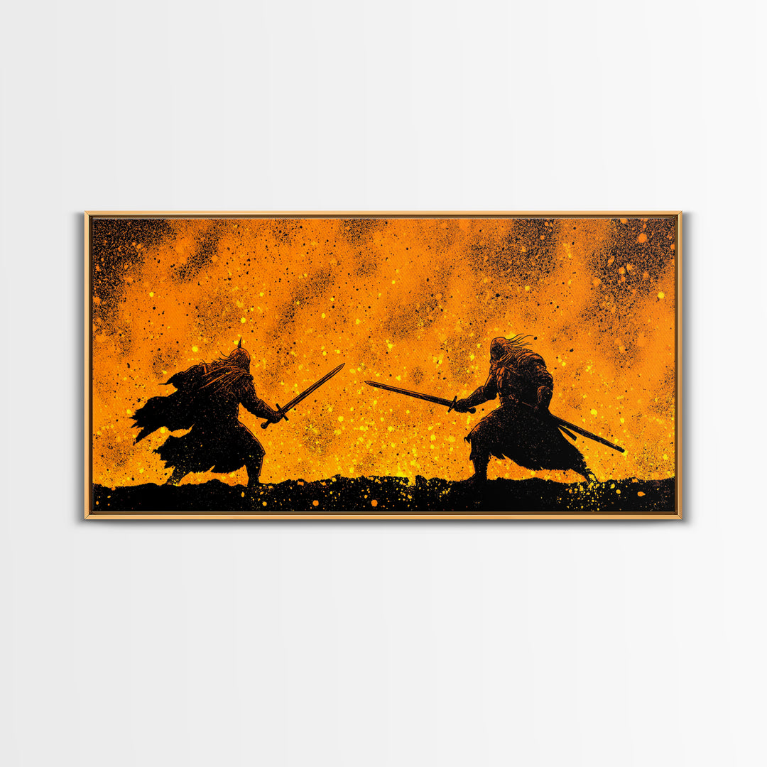 Fiery Duel Canvas Gold Art Canvas Art Norse Viking Mythology Warrior Wall Decor Dad Gift Office Art framed in solid wood